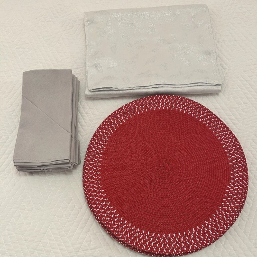 Elegant Silver & Red Holiday Dining Set- Runner, Placemats & Napkins